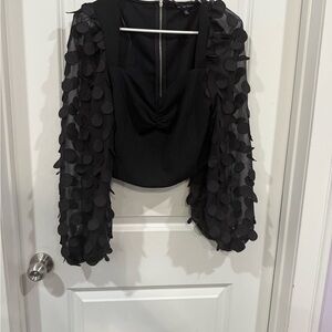 Chic Black Textured Long Sleeve Top